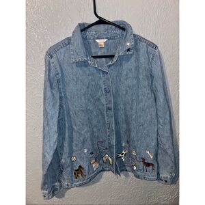 Christopher & Banks embroidered dog-themed denim button-down shirt jacket.